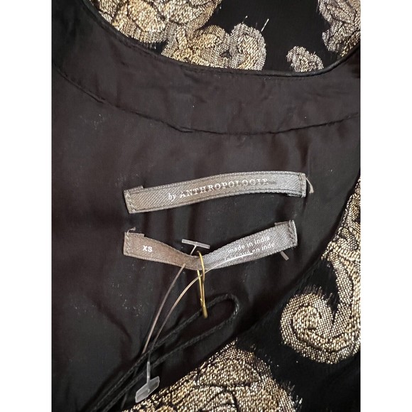 NWT Anthropologie Black Gold Metallic Foil Long Sleeve Ruffle Tunic Dress Sz XS - Picture 3 of 7